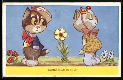 Künstler-AK sign. Arnold Tilgmann: vermenschlichte Katzen als Liebespaar, Katze wendet sich von ihrem Geliebten ab