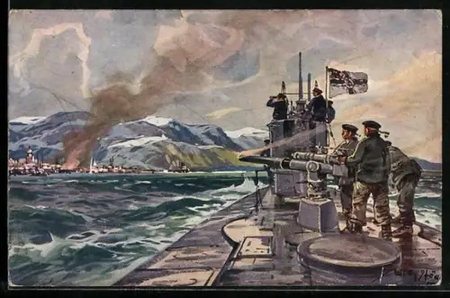 Künstler-AK Stoewer: Beschiessung von Alexandrowsk durch Deutsches U-Boot im Eismeer
