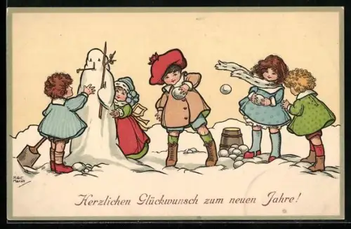 Künstler-AK H. G. C. Marsh-Lambert: Kinder spielen im Schnee, Schneemann