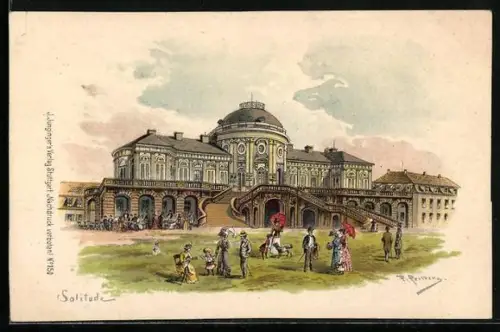 Künstler-AK Friedrich Perlberg: Solitude, Ausflügler vor dem Schloss