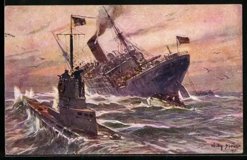 Künstler-AK Willy Stoewer: Vernichtung eines englischen Handelsdampfer durch ein deutsches U-Boot