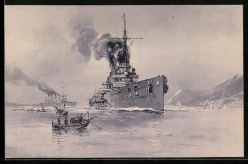 Künstler-AK Stoewer: Messina, SM Panzerkreuzer Göben & Breslau verlassen den Hafen