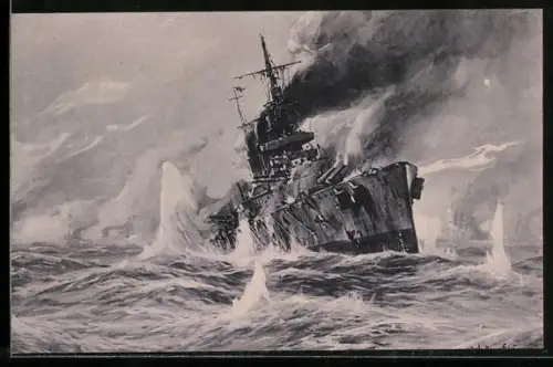 Künstler-AK Stoewer: Kriegsschiff, Seegefecht in der Nordsee am 24.1.1915