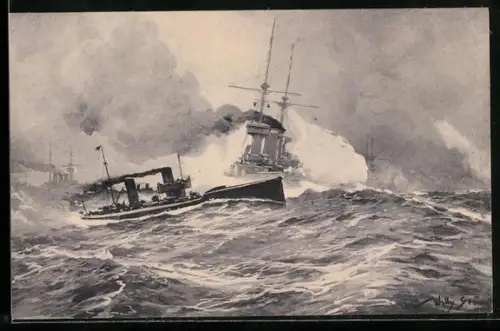 Künstler-AK Willy Stoewer: Angriff von Torpedobooten in der Nordsee