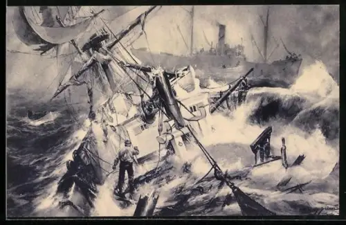 Künstler-AK Stoewer: Torpediert!, Die letzten Augenblicke eines englischen Segelschiffes