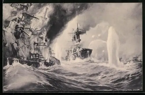 Künstler-AK Stoewer: Deutsche Kriegsschiffe bei d. Vernichtung v. russischen Kriegsschiffen