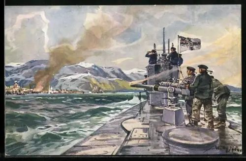 Künstler-AK Stoewer: Beschiessung von Alexandrowsk durch Deutsches U-Boot im Eismeer