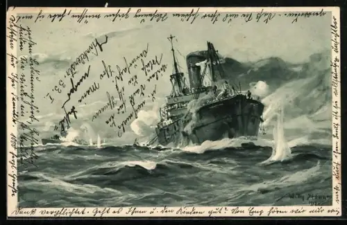 Künstler-AK Willy Stoewer: Deutsches U-Boot im Gefecht mit bewaffnetem Handelsdampfer im Sperrgebiet
