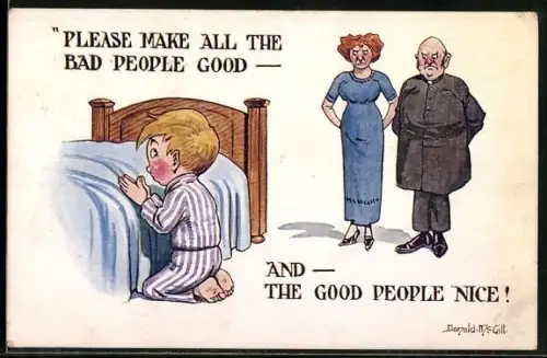 Künstler-AK Donald McGill: Strenge Eltern beobachten ihren betenden Sohn