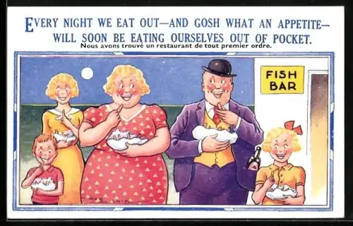 Künstler-AK Maurice: Urlauber essen Fish & Chips am Strand