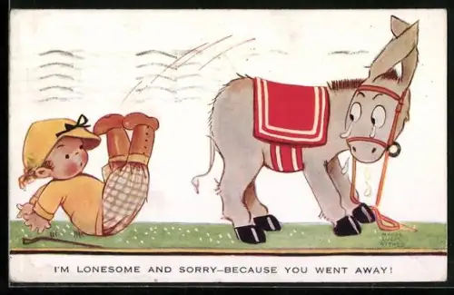 Künstler-AK Mabel Lucie Attwell: Kind fällt vom Rücken eines Esels