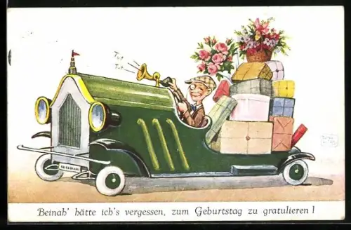 Künstler-AK John Wills: Herr hupt im Auto voller Geschenke