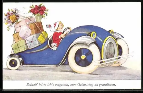 Künstler-AK John Wills: Dame fährt mit Geschenken und kleinem Hund im Auto