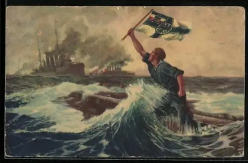 Künstler-AK Hans Bohrdt: Der letzte Mann, aus dem Heldenkampf in der Seeschlacht bei den Falklandinseln 1914