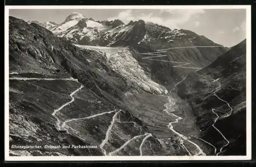 AK Rhonegletscher mit Grimsel und Furkastrasse
