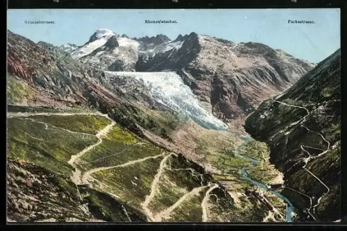 AK Rhonegletscher, Gesamtansicht der Grimsel- und Furka-Route