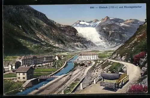 AK Gletsch und Rhonegletscher mit Lastkraftwagen