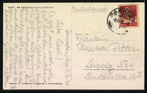 AK Morteratschgletscher, Panorama mit Bergsteiger