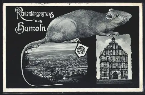 AK Hameln, Gesamtansicht, Rattenfängerhaus und grosse Ratte, Rattenfängergruss