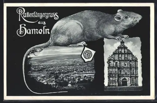 AK Hameln, Gesamtansicht, Rattenfängerhaus und grosse Ratte, Rattenfängergruss