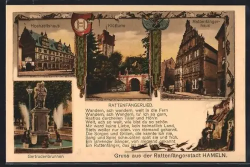 AK Hameln, Rattenfängerhaus, Gertrudenbrunnen, Wappen