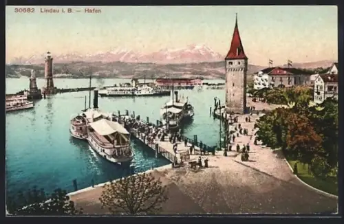 AK Lindau i. B., Hafen mit Dampferanleger aus der Vogelschau