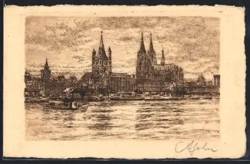 Künstler-AK Köln a. Rh., Stadtpanorama vom Rhein aus