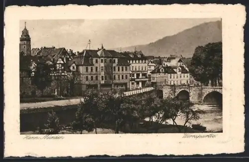 AK Hann.-Münden, Werrapartie mit Brücke u.Ortspanorama