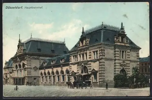 AK Düsseldorf, Hauptbahnhof mit Kutschen