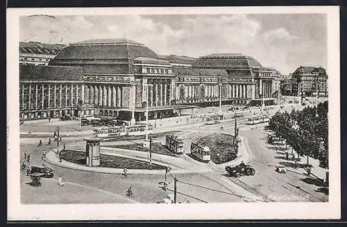 AK Leipzig, Hauptbahnhof mit Strassenbahnen