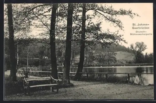 AK St. Johann-Saarbrücken, Deutsch-Mühlenweiherpartie mit Uferpromenade
