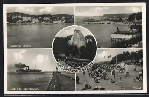 AK Sassnitz auf Rügen, Ostseebad, Hotel am Strande, Mole und Schwedenfähre, Hafenanlagen