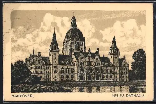 AK Hannover, Neues Rathaus mit Grünanlagen