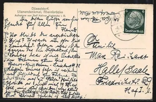 AK Düsseldorf, Ulanendenkmal mit der Rheinbrücke