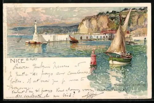 Künstler-Lithographie Manuel Wielandt: Nice, Le port, Hafenpartie, Segelboot
