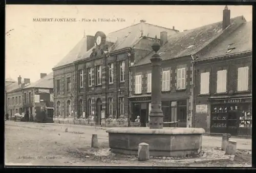 AK Maubert-Fontaine, Place de l`Hotel de Ville, Brunnen vor dem Rathaus
