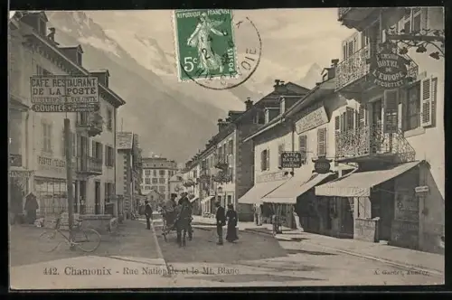 AK Chamonix, Rue Nationale et le Mt. Blanc, Cafe Restaurant de la Poste, Pension-Hotel de l`Europe