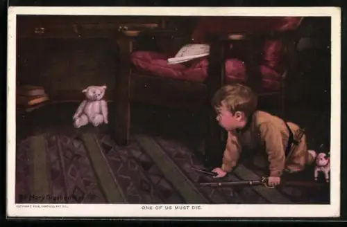 AK Einer von uns muss sterben, Kleiner Knabe mit Gewehr und Teddy
