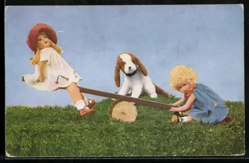 AK Alltagsszenen mit Puppen nachgestellt, Mädchen auf der Wippe