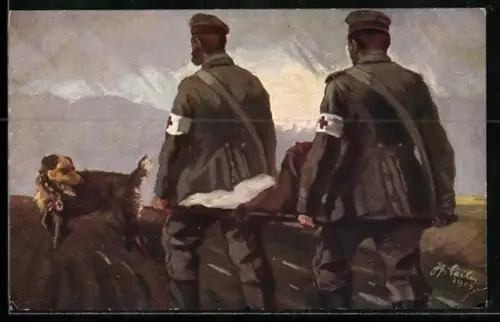 AK Ein vom Sanitätshund in einem vergessenen Geländewinkel entdeckter Schwerverwundeter auf dem Wege ins Feldlazarett