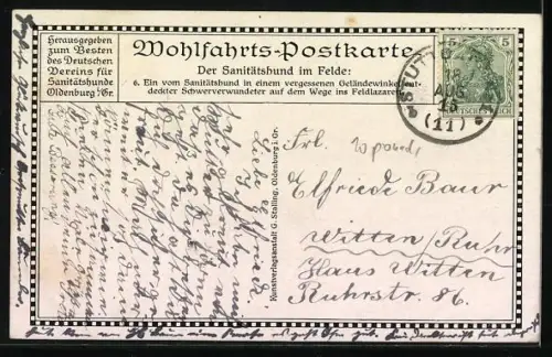 AK Ein vom Sanitätshund in einem vergessenen Geländewinkel entdeckter Schwerverwundeter auf dem Wege ins Feldlazarett