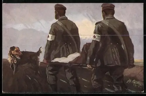 AK Ein vom Sanitätshund in einem vergessenen Geländewinkel entdeckter Schwerverwundeter auf dem Wege ins Feldlazarett