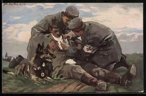 AK Sanitätshund und Sanitäter versorgen verwundeten Kameraden an der Front