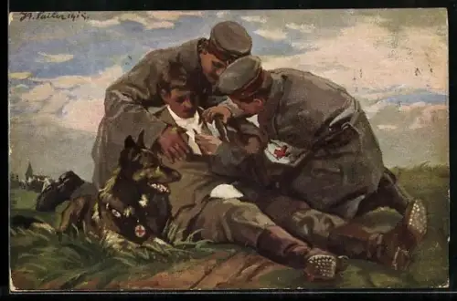 Künstler-AK Rot Kreuz Sanitäter behandeln einen Verwundeten Kamerad, Sanitätshund liegt daneben