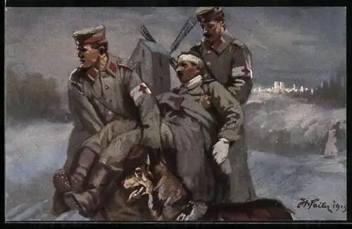 Künstler-AK Verletzer Soldat wird von Kameraden getragen, von Sanitätshund begleitet