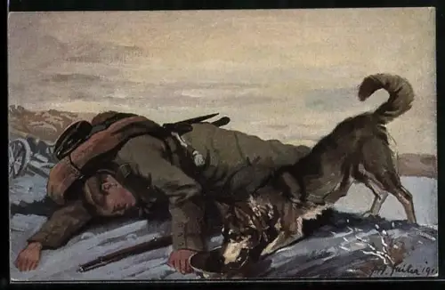 Künstler-AK Der Sanitätshund im Felde, ein Sanitätshund beim Auffinden eines Verwundeten, Wohlfahrts-Postkarte
