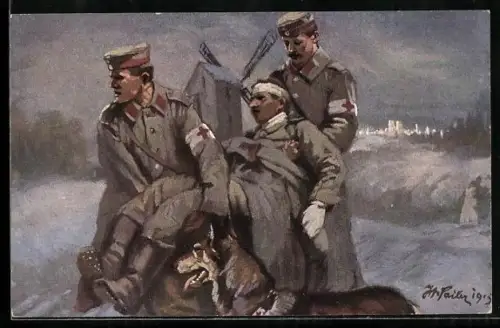 Künstler-AK Verletzer Soldat wird von Kameraden getragen, von Sanitätshund begleitet