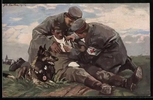 AK Sanitätshund und Sanitäter versorgen verwundeten Kameraden an der Front