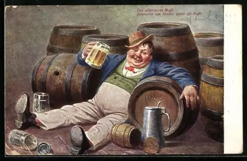 Künstler-AK Betrunkener Zecher zwischen Bierfässern