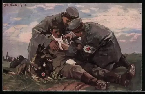AK Von Sanitätshund aufgestöberter Verwundete wird vom Führer des Hundes verbunden